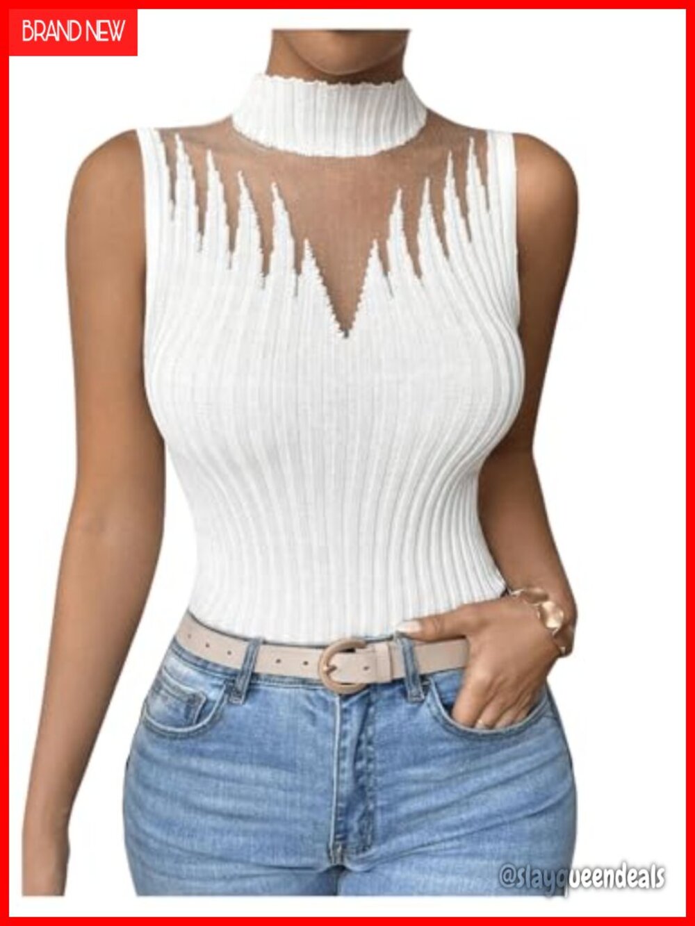 Mesh Mock Neck Sleeveless Sweater Vest Fitted Pullover Knit Tank Top